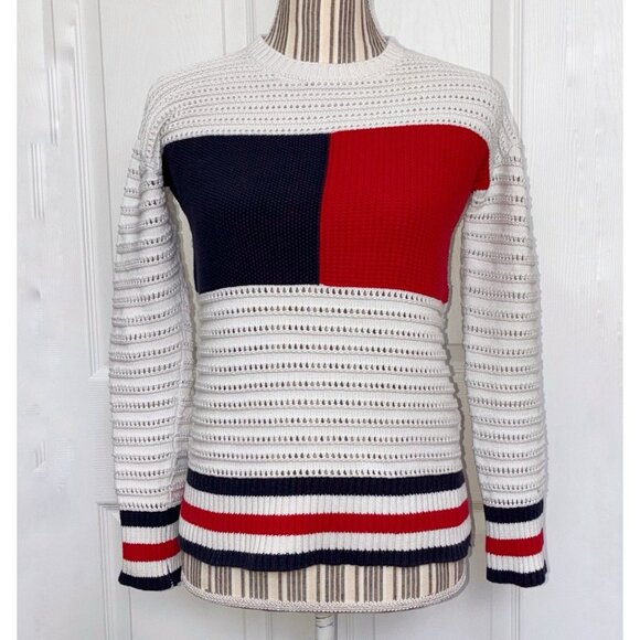 Tommy Hilfiger Sweater Womens XS Red White Blue Logo Fisherman Knit Colorblock - Picture 1 of 8